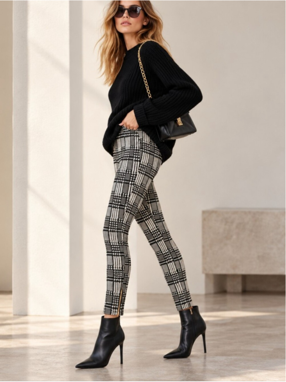 Catherine Malandrino Black White Plaid Knit Leggings XS NWT